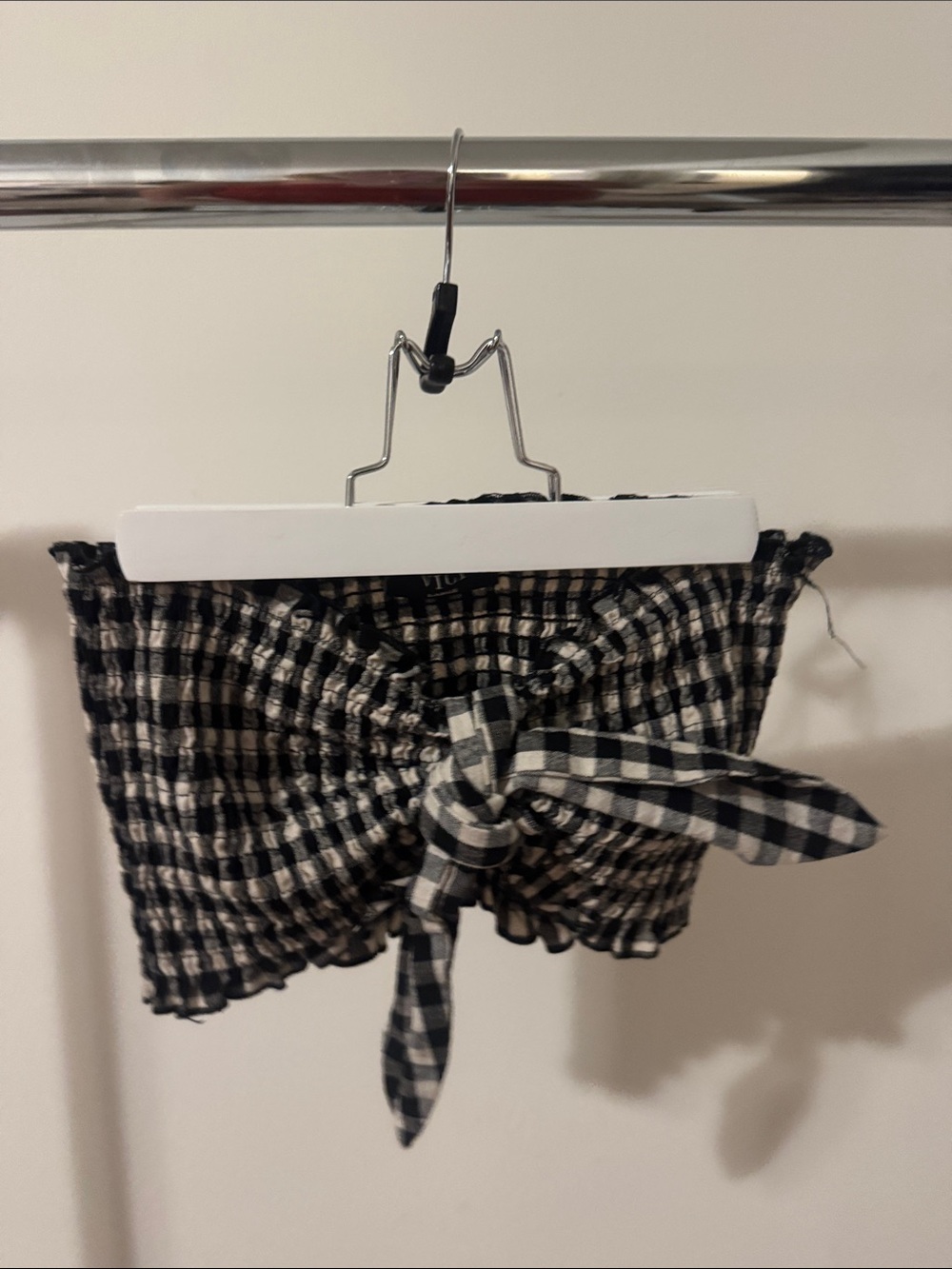Vici Black & White Gingham Tie-Front Smocked Crop Top